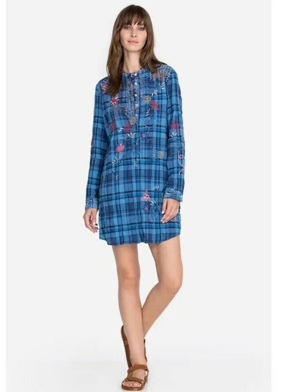 Johnny Was Carmen Henley Shirt Tunic Dress Blue Plaid Small